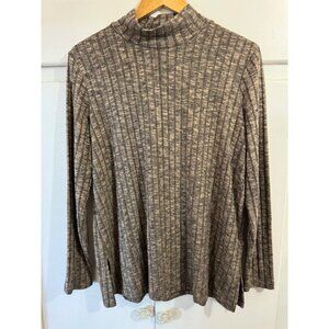 Susan Graver Mock Neck Long Sleeve Ribbed Sweater, Size Medium, Brown/Black